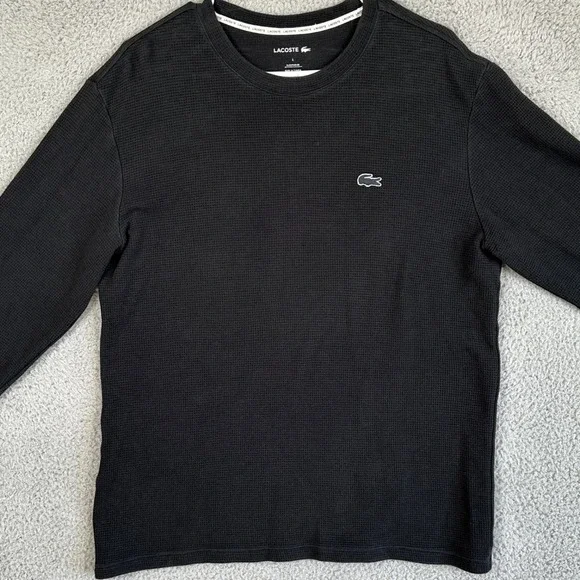 Lacoste Sweatshirt Sleepwear Men Large Black Crew Neck Thermal Waffle Knit Logo